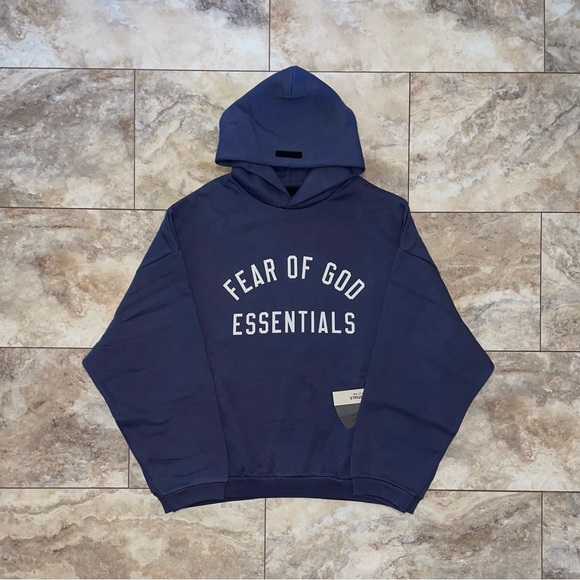 Fear of God Essentials Fleece Hoodie Marine (With Pockets) Size Large